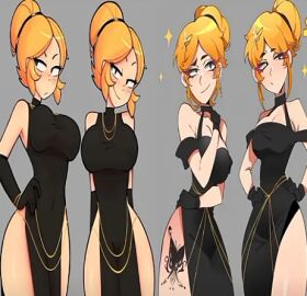 4girls black_dress blush brawl_stars breasts curvy curvy_body curvy_female curvy_figure dress female giant_breasts hair_bun hair_ornament light-skinned_female light_skin mariposa_piper_(brawl_stars) modakawa_dress necklace orange_hair piper_(brawl_stars) revealing_dress smirk tattoo thick_thighs