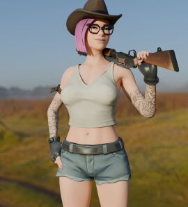 1girls 3d arm_tattoo blender calamity_(fortnite)_(cosplay) clothes_on cowboy_hat cowgirl female fortnite glasses hi_res holding_weapon lynx_(fortnite) pink_hair plentysession western