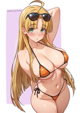 1girls alternate_version_available arm_behind_head asia_argento big_breasts bikini bikini_bottom bikini_top blonde_hair blush bottomwear breasts cetta_(cettadvd) cleavage female female_only green_eyes hair headwear high_school_dxd hips huge_breasts light-skinned_female long_hair orange_bikini solo sunglasses sunglasses_on_head swimwear thick_thighs thighs topwear wide_hips