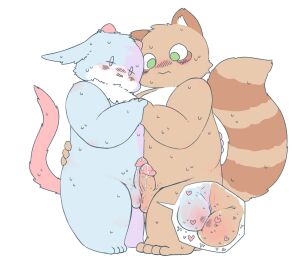 4_toes anthro balls balls_touching blue_body blue_fur bluescape735 blush bodily_fluids brown_body brown_fur canid canine duo embarrassed erection feet frottage fur genital_fluids genitals green_eyes halfclosed_eyes hand_holding heart_symbol hi_res hug humanoid_genitalia humanoid_penis japanese_description male male/male mammal nervous nude nude_male overweight overweight_male penile penis precum raccoon_dog sex simple_background tail tanuki toes white_background white_body white_fur