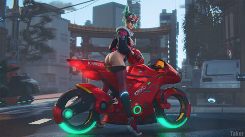 1girls 2025 3d alternate_eye_color areolae ass bike breasts eyeliner face_markings female female_only fingerless_gloves front_view full_body functionally_nude gloves green_eyes hair_ribbon headband high_top_sneakers high_tops horned_headwear kiriko_(overwatch) kiriko_kamori looking_at_viewer medium_breasts ninja_headband nipples no_panties no_underwear nopan nude nude_female outdoor_nudity outdoors overwatch overwatch_2 ribbon riding_bike sneakers solo standing takerskiy teal_hair tied_hair vulva winged_eyeliner