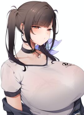 1girls absurdres ahoge arms_at_sides black_bra black_choker black_hair black_jacket blunt_bangs bra bra_visible_through_clothes breasts choker closed_mouth collarbone commentary earbuds earphones f7k_x5 female goddess_of_victory:_nikke highres huge_breasts jacket lace lace-trimmed_bra lace_trim long_hair looking_ahead off_shoulder open_clothes open_jacket orange_eyes pendant_choker see-through_clothes see-through_shirt shirt short_sleeves simple_background solo sora_(nikke) twintails underwear upper_body white_background white_shirt