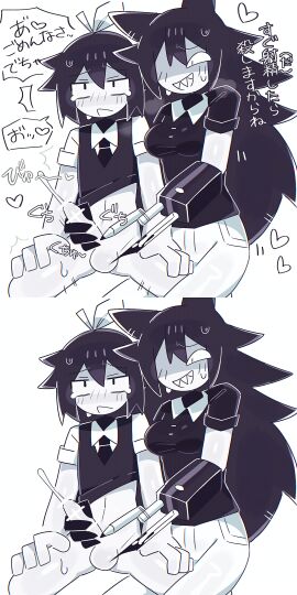 1boy 1girls abbie_(fundamental_paper_education) black_hair blood_stain blush blush_lines blushing breasts claws cum cumming cumming_from_handjob dominant_female ejaculating_cum ejaculation female fpe fundamental_paper_education hand_on_penis handjob jacking_off japanese_language japanese_text long_black_hair long_hair male male_blushing miss_circle miss_circle_(fundamental_paper_education) older_dom_younger_sub older_female older_female_and_younger_male penis sitting smirk smirking speechless student student_and_teacher teacher teacher_and_student text textless textless_version translation_request wan_txt white_background white_body white_skin words young younger_human younger_male