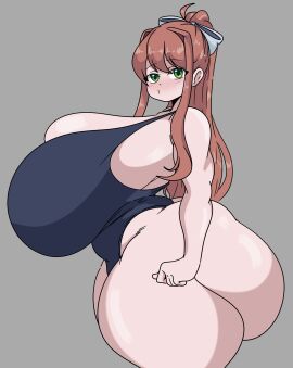 1girls 2020s 2024 ass big_ass big_breasts blush_lines breasts breasts_bigger_than_head chubby chubby_female curvy_figure doki_doki_literature_club female female_only green_eyes grey_background huge_ass huge_breasts huge_thighs inakotho large_breasts looking_at_viewer massive_ass massive_breasts monika_(doki_doki_literature_club) plump ponytail school_swimsuit skindentation tagme thick_thighs
