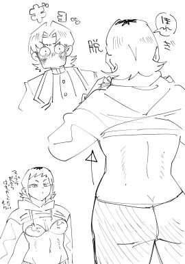 1boy 1girls black_and_white blush blushing_male bra breasts chainsaw_man couple fanon_couple female flashing flashing_breasts hoodie horny horny_female katana_man male nanntokabeni sawatari_akane sketch