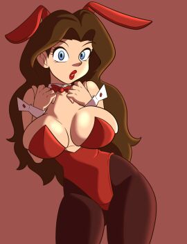 1girls artlaccer_(artist) blue_eyes bowtie breasts brown_hair bunny_ears bunny_girl cleavage clothing eyelashes female female_only hourglass_figure human human_only legwear light-skinned_female light_skin lipstick long_hair looking_at_viewer mammal mario_(series) mature mature_female nintendo pauline red_bunny_ears red_clothing red_lipstick solo solo_female solo_focus voluptuous voluptuous_female