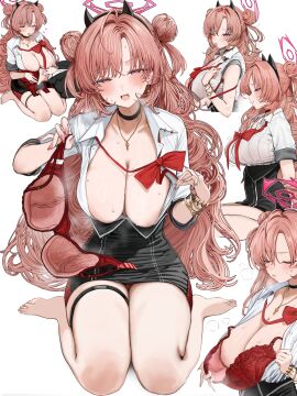 1boy 1girls absurdres barefoot black_choker black_skirt blue_archive blush bow bowtie bra bra_removed bra_strap bra_strap_down bra_strap_slip bra_tag breast_rest breasts breasts_on_head choker cleavage cute_fang double_bun earrings fake_horns female fingernails gehenna_academy_student hair_bun hairband halo high-waist_skirt highres holding holding_bra holding_underwear holding_unworn_clothes horns jewelry kirara_(blue_archive) lap_pillow large_breasts light-skinned_female light-skinned_male light_skin long_fingernails long_hair looking_at_viewer loose_bowtie male multiple_views nail_polish painted_nails panties partially_unbuttoned pencil_skirt pink_eyes pink_hair pink_nails presenting_bra red_bow red_bowtie red_bra removing_bra removing_bra_under_shirt sensei_(blue_archive) shirt sitting skirt smile sparkle_club_(blue_archive) stained_bra steam steaming_body sumida_bunchou sweat sweat_stain sweaty_bra tag thigh_strap underwear undressing unworn_bra wariza white_background white_shirt