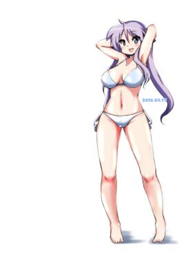 1girls 2016 armpits arms_behind_head big_breasts bikini blue_eyes breasts dated female hands_behind_head kagami_hiiragi lavender_hair long_hair looking_at_viewer lucky_star mizushima_(p201112) purple_hair side-tie_bikini_bottom simple_background smiling_at_viewer solo standing swimsuit twintails very_long_hair white_background white_bikini