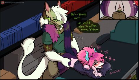 absurd_res anthro anthro_penetrating bent_over_surface bodily_fluids bottomwear closed_eyes clothed clothed_sex clothing cum cum_in_pussy cum_inside cumshot curved_horn dialogue dragon duo ejaculation elin_(psychorodent) eye_roll eyewear female forked_tongue fur furred_dragon furred_scalie genital_fluids glasses green_tongue hair heart_symbol hi_res horn impregnation looking_pleasured male male/female moan mythological_creature mythological_scalie mythology ovum pants penetration penile penile_penetration penis penis_in_pussy pink_hair psychorodent purple_body purple_fur pussy scalie sex shirt speech_bubble sperm_cell t-shirt text tongue tongue_out topwear vaginal_penetration white_body white_fur