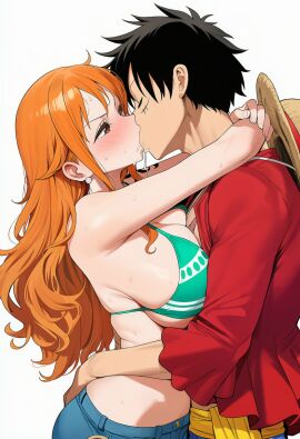 ai_generated big_breasts bikini_top couple curvy curvy_female female hug huge_breasts kissing male male/female monkey_d_luffy nami_(one_piece) one_piece orange_hair scar scar_on_face tattoo
