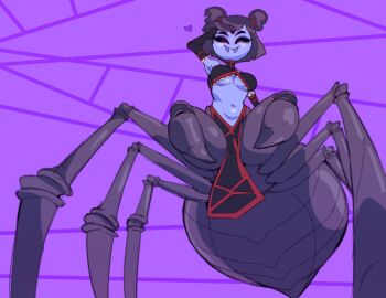 2022 5_eyes anthro armpits arms_up arthropod_abdomen big_breasts breasts clothed clothing commission drider fangs fangs_out female gloves gnausea heart low-angle_view monster_girl monster_musume_no_iru_nichijou muffet multi_eye rachnera_arachnera rachnera_arachnera_(cosplay) solo solo_female spider_fangs spider_girl spider_legs spider_web tagme thick_thighs tummy underboob undertale undertale_(series)