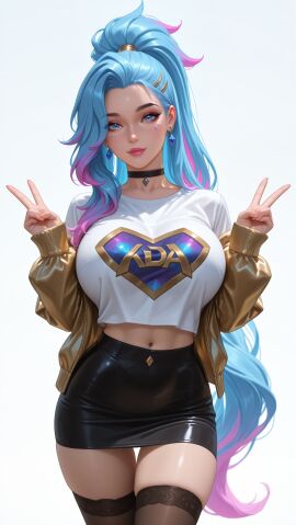 1girl black_thighhighs blue_eyes blue_hair breasts choker double_v earrings hair_ornament hairclip jacket jewelry k/da_all_out_seraphine large_breasts league_of_legends long_hair looking_at_viewer multicolored_hair navel pencil_skirt pink_hair ponytail seraphine_(league_of_legends) skirt smile solo thigh_gap thighhighs trinity_vermilion
