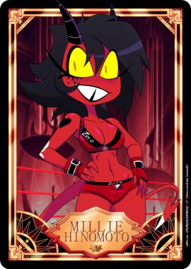 1girls bare_arms bare_legs bare_shoulders bare_thighs big_breasts black_hair breasts clothed clothing color demon demon_girl demon_horns demon_tail english_text female female_focus female_only great_dude helluva_boss hi_res imp large_breasts millie_(helluva_boss) red_body red_skin short_hair solo solo_female tagme text thick_thighs wrestler wrestling