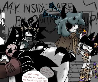 1boy 3girls bandages clarinet dizzy_eyes drool egyptian_clothing eyepatch fangs female fundamental_paper_education grabbing_ass halloween hockey_mask horns lighting_cigarette male miss_bloomie_(fundamental_paper_education) miss_circle_(fundamental_paper_education) miss_emily_(fundamental_paper_education) miss_thavel_(fundamental_paper_education) mister_demi_(fundamental_paper_education) rope_around_neck sake_(artist) sex shackled_neck smoking spying sweating text_bubble