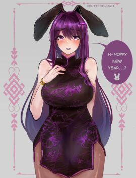 1girls artist_name bare_shoulders big_breasts bracelet breasts bunny_ears butterflan01 chinese_new_year chinese_zodiac doki_doki_literature_club english_text female female_focus female_only long_hair purple_eyes purple_hair solo solo_female solo_focus speech_bubble stuttering text text_bubble twitter_username year_of_the_rabbit yuri_(doki_doki_literature_club)