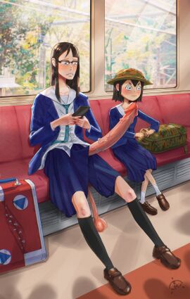 asakusa_midori balls eizouken_ni_wa_te_wo_dasu_na! erection futanari glasses intersex kanamori_sayaka low_hanging_balls menacing_eyes_(artist) penis penis_under_clothes penis_under_skirt sagging_balls school_uniform train_interior