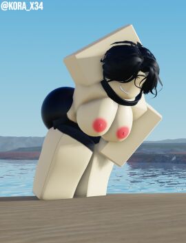 1girls 3d areolae asian beach big_breasts black_hair blush breasts exhibitionism female kora_x nature nipples outside roblox robloxian solo_female tagme turtleneck twitter_username winking