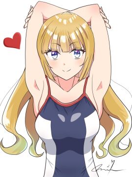 armpits arms_above_head artist_signature bangs blonde_hair blushing breasts classroom_of_the_elite female heart karuizawa_kei light-skinned_female light_skin long_hair looking_at_viewer one-piece_swimsuit pale-skinned_female pale_skin smiling solo swimsuit upper_body white_background