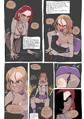 2girls 6koma biku blonde_hair blue_eyes blush bra bra_peek breasts choker cleavage clothes clothes_lift clothes_pull comic competitive_pee_holding contest desperation domino_(biku) earrings english_text female have_to_pee leaking leaking_pee leaking_urine multicolored_pants open_fly original original_character panty_pull pee_leak peeing purple_choker purple_panties purple_skirt red_bra red_hair red_panties skirt skirt_lift speech_bubble spread_legs stained_panties striped_pants toilet toilet_use two-tone_pants underwear upskirt urine urine_leak urine_leaking vera_blonde_(biku) wet wet_panties wetting wetting_clothing wetting_panties wetting_self yellow_eyes