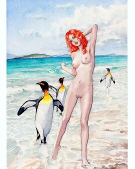 1girls beach breasts female leolee medium_breasts nude ocean outdoors penguin pussy red_hair solo water