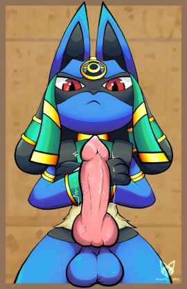 2024 3_fingers absurd_res aiex571 animal_genitalia animal_penis ankha_zone anthro balls big_balls big_eyes big_penis biped black_body black_fur black_inner_ear blue_balls blue_body blue_ears blue_fur bodily_fluids bottomless bracelet canid canine canine_genitalia canine_penis chest_spike clothed clothing colored crossed_arms digital_drawing_(artwork) digital_media_(artwork) egyptian egyptian_clothing erection facial_markings fingers fur generation_4_pokemon genital_fluids genitals gloves_(marking) gold_(metal) gold_jewelry half-length_portrait hand_spike head_markings headdress hi_res holowear_(pokemon) jewelry knot knotted_penis leaking_precum looking_at_viewer looking_down looking_down_at_viewer lucario male mammal markings mask_(marking) motion_lines multicolored_body multicolored_fur navel nintendo paws penis pokemon pokemon_(species) pokemon_unite portrait precum presenting presenting_balls presenting_penis pupils red_eyes ruins_style_lucario saggy_balls signature simple_background slit_pupils small_waist solo spikes spikes_(anatomy) standing tan_body tan_fur vein veiny_penis watermark