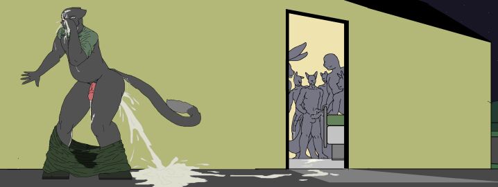 absurd_res adult anthro balls bear big_(disambiguation) bodily_fluids caesarmeow cum cum_expulsion cum_fart cumsplotion damien_peregrine domestic_cat dripping equid equine erection excessive_cum excessive_genital_fluids felid feline felis foreskin genital_fluids genitals group hi_res horse kinktober male male/male mammal military muscular nude pantherine penis sex tiger tuxedo_cat uncircumcised