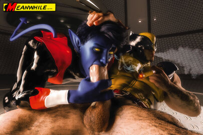 3_fingers 3d_(artwork) balls bara blowing_smoke blowjob blue_skin boner cigar cum daz_studio erect_penis erection gay hairy_balls hand_on_head hopefulsquire kurt_wagner logan_(x-men) male male/male male_focus male_only marvel marvel_comics nightcrawler penis pointy_ears source_removed text text_box wolverine_(x-men) x-men yellow_eyes
