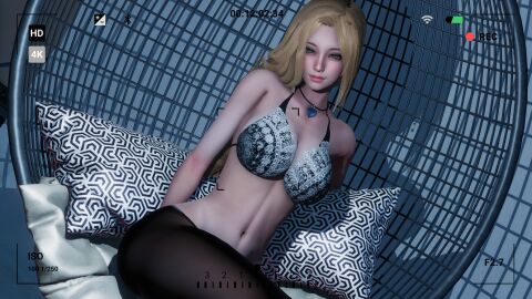 3d belly belly_button blonde-haired_female blonde_female blonde_hair blush bra breasts camera camera_hud camera_pov camera_view caribdis closed_mouth eternum female female_focus female_only hazel_eyes large_breasts light light-skinned_female light_skin looking_at_viewer multicolored_bra multicolored_underwear necklace neckwear pantyhose penelope_(eternum) recording shadow shoes sitting solo solo_female solo_focus taking_photo taking_picture underwear