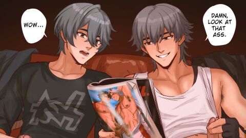 2boys armpit_hair caelus_(honkai:_star_rail) english_text erection gay genshin_impact honkai:_star_rail jack_off_buddy magazine male male/male male_focus male_only muscular muscular_male mutual_masturbation pecs precum precum_drip solo_male sombre_slahc wise_(zenless_zone_zero) yaoi zenless_zone_zero