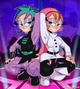 2futas 5tflldartist5 agent_xero alternate_version_available arm_behind_head armpits balls balls_in_panties belt belt_buckle black_nail_polish black_nails black_panties blue_eyes breasts clothed clothing dickgirl dickgirl/dickgirl duo erect_nipples erection_under_clothes fishnet fishnet_legwear fishnets flaccid fully_clothed futa_only futanari half-closed_eyes hand_on_thigh handwear hips human intersex lacey_shadows light-skinned_futa light_skin long_hair medium_breasts nail_polish nails nipple_bulge nipples orange_hair panties penis pole pole_dancing purple_panties ring skirt smile squatting stripper_pole teal_hair the_modifyers thighhighs two-tone_hair