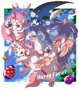 absurd_res anthro balls bear belly blue_body blue_fur blush border canid canine canis chest_tuft chibineco claws countershading domestic_dog domestic_pig easter easter_egg egg egg_in_ass egg_insertion english_text erection fake_ears fake_rabbit_ears fangs foreskin fur fur_markings genitals glans group hi_res holding_egg holding_object holidays humanoid_genitalia humanoid_penis looking_at_another looking_back male male/male mammal markings navel nude overweight overweight_anthro overweight_male pawpads paws penis pig pink_body pink_fur plant raised_leg red_body red_eyes red_fur red_markings retracted_foreskin sky sky_background smile sparkles spread_legs spreading suid suina sus_(pig) tail teeth text toe_claws trio tuft uncircumcised vein veiny_penis white_body white_border white_fur wings yellow_eyes