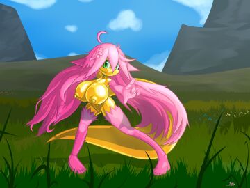 2025 absurd_res alenicia_(artist) alenicia_(character) anthro big_breasts breasts curvy_figure dragon eastern_dragon female fur gold_body gold_scales grass grass_field grassland green_eyes hair hi_res huge_breasts long_hair long_tail messy_hair mountain mythological_creature mythological_scalie mythology pink_body pink_fur pink_hair plant scalie short short_stack sky solo tail