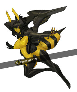 abdomen_tail arthropod_girl bar_censor bee_girl black_hair black_sclera black_thighhighs body_modification censored closed_mouth colored_nipples colored_sclera colored_skin corruption cyborg english_text eye_positioned_at_chest eyes_visible_through_hair female futanari high_heels high_ponytail highres horns intersex leg_up machina_(omega_processor) mechanical_wings mechanization mosaic_censoring multi_eye original outstretched_arms penis platinum1945 ponytail robot robot_ears smug stinger thick_thighs thighhighs thighs white_background wings yellow_eyes yellow_nipples yellow_skin