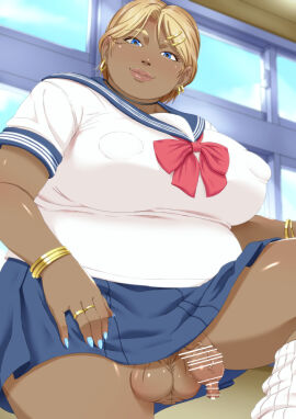 1futa 2019 balls ballsack bar_censor big_breasts blonde_hair blue_eyes bottomless_futa breasts censored chubby_futa clothed clothing dangling_balls dangling_testicles dark-skinned_futa dark_skin fat flaccid flaccid_penis foreskin foreskin_overhang futa_only futanari gyaru human intersex long_foreskin low_hanging_balls mkrgyyyy mostly_clothed nipple_bulge overweight overweight_futa penis school_uniform scrotum sitting skirt solo testicles tight_foreskin uncircumcised uncut unretracted_foreskin