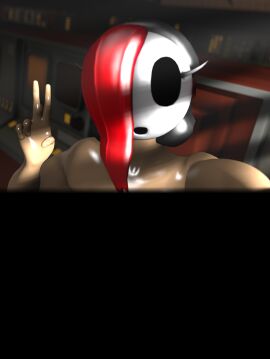 1girls 3d artist_request black_hood breasts censored female female_only hair_over_one_eye hood light-skinned_female light_skin looking_at_viewer mario_(series) mask nintendo red_hair shy_gal shy_gal_black solo v white_mask