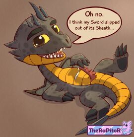 absurd_res bodily_fluids cum cutter_(rescue_riders) dragon dragons:_rescue_riders dreamworks dripping english_text erection genital_fluids genitals hi_res looking_at_viewer male mythological_creature mythological_scalie mythology penis scalie simple_background solo speech_bubble text therapitor touching_penis