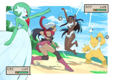 1boy 2d 2girls absurd_res action_pose ambiguous_gender barely_clothed battle black_hair black_skin blue_eyes blue_hair captured_by_pokeball clothed clothes clothing cloud coin_on_string color colored dark-skinned_female dark_hair dark_skin dawn_(pokemon) day digital_media_(artwork) dress eudetenis female full_body fully_clothed fully_clothed_female game_freak game_ui gameplay_mechanics gardevoir ground health_bar hi_res highres human human_female human_pokemon hypno hypnosis hypnosis_fetish hypnotized_female japanese_text jumping light-skinned_female light_skin long_hair male mostly_clothed nessa_(pokemon) nintendo outdoors outside panties panties_showing pokemon pokemon_(species) pokemon_anime pokemon_battle pokemon_dppt pokemon_ss released_from_pokeball role_reversal shadow sky standing text tree unaware_hypnosis video_game_mechanics
