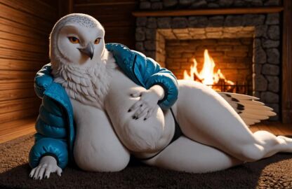 ai_assisted ai_generated ai_video anthro ass_focus big_breasts bird bird_girl bird_tail black_panties blue_jacket curvy_female female female_focus female_only fireplace fluffy_breasts fluffy_fur furry furry_female huge_breasts indoors jacket looking_at_viewer lying_on_side open_clothes orange_sclera owl owl_girl panties styl1sh tagme thick_thighs video