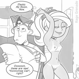 1boy 1girls 2d age_difference breasts choker english_text father_and_daughter female imminent_incest imminent_sex incest inviting inviting_to_sex james_timothy_possible kim_possible kimberly_ann_possible long_hair male monochrome nipples older_male panties panties_on_head perky_breasts ponytail pubic_hair rage_grenade seductive seductive_look seductive_smile small_breasts speech_bubble standing straight tanline teenage_female teenager tying_hair younger_female