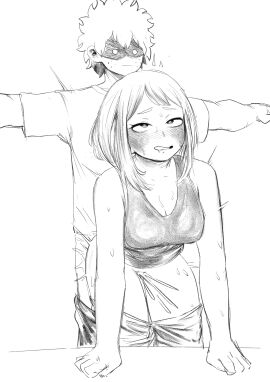 1boy 1girls amano44 black_and_white black_tank_top blush blush_lines female female_penetrated freckles freckles_on_face humor izuku_midoriya looking_pleasured male male_penetrating male_penetrating_female messy_hair monochrome my_hero_academia ochako_uraraka pants_down pleasure_face sex sweat sweating t-pose tank_top teenager teenager_on_teenager