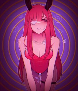 2d bare_shoulders brainwashed brainwashing breasts bunny_ears bunnysuit cleavage digital_drawing_(artwork) digital_media_(artwork) drawing eye_covered eyewear fake_animal_ears female femsub hypnosis kneeling limbus_company long_hair mind_control misg1111 on_knees open_mouth project_moon red_eyes red_hair yuri_(limbus_company)