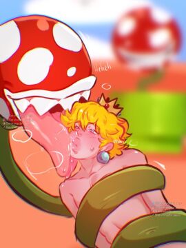 blonde_hair earrings femboy licking licking_face male male_peach mario_(series) naked_male piranha_plant princess_peach restrained rule_63 sevvydraws sharp_teeth short_hair