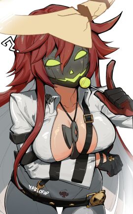 ? absurdres alohapz ankh_necklace arm_under_breasts artist_name black_gloves bodysuit breasts broken_halo candy center_opening cleavage commentary english_commentary female food gloves guilty_gear guilty_gear_strive halo highres holding holding_candy holding_food holding_lollipop jack-o'_valentine large_breasts lollipop long_hair looking_at_viewer mask multicolored_hair red_hair solo two-tone_hair white_background white_bodysuit white_hair yablofap