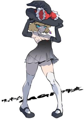 armpits black_gloves black_nightgown black_thong blue_eyes cookie_(touhou) elbow_gloves female gloves highres holding_hat licking_lips marisa_kirisame mary_janes meguru_(cookie) nightgown nipples_visible_through_clothing panties_visible_through_clothing purple_bow shoes short_hair side_braid thighhighs thong touhou veerecursion white_thighhighs witch_hat yellow_hair