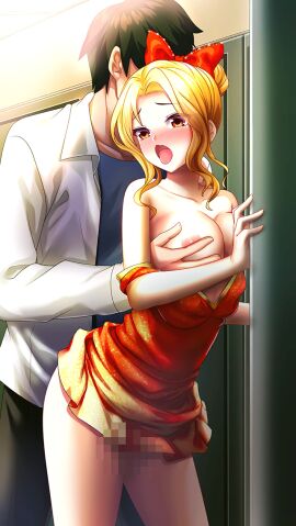 1boy black_pants blonde_hair blue_shirt bow breasts brown_eyes brown_hair censored clothes_lift clothes_pull collarbone doukyuusei_another_world dress dress_lift dress_pull dress_shirt female figure_skating_dress game_cg grabbing grabbing_another's_breast grabbing_from_behind hairbow kakyuusei large_breasts leaning_forward locker locker_room long_hair long_sleeves male mosaic_censoring nipples official_art open_clothes open_mouth open_shirt orange_bow orange_dress pants sex sex_from_behind shindou_reiko shirt short_dress short_hair sleeveless sleeveless_dress standing standing_sex straight tongue tongue_out white_shirt