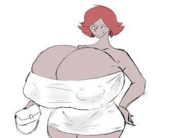 1girls 2d 2d_(artwork) 2d_artwork big_breasts breasts dark-skinned_female dark_skin earrings female female_focus female_only freckles freckles_on_face hair holding_object looking_at_viewer nipple_bulge red_hair short_hair solo solo_female solo_focus sweat sweatdrop yobaba