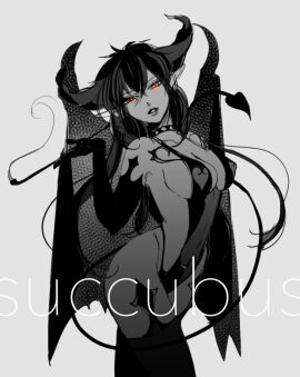 alternate_costume big_breasts breasts cleavage demon demon_girl demon_horns demon_tail female female_only genderswap genderswap_(mtf) gintama hijikata_toshiro kiseru long_hair looking_at_viewer monochrome pointy_ears red_eyes rule_63 sideboob smoking solo spot_color succubus succubus_horns succubus_tail utsumi