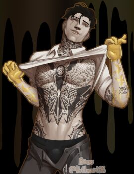 1boy belly_piercing clothed fortnite gay ib_cheriex lifting_shirt looking_at_viewer male male_only midas_(fortnite) nipple_piercing nipples piercing provocative smile solo tattoo underwear undressing