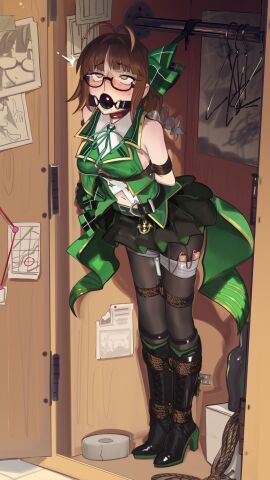 1girls absurdres akizuki_ritsuko ankles_tied antenna_hair arms_behind_back arms_tied arms_tied_behind_back ball_gag bare_shoulders belt black_ball_gag black_boots black_pantyhose black_skirt bondage boots bound bound_ankles bound_arms bound_thighs braid breasts brown_eyes brown_hair cad_(caddo) closet clothed clothed_female clothes_hanger collar collared_shirt commentary commission constricted_pupils english_commentary eyes_open female female_only female_orgasm forced_orgasm full_body gag gagged gagged_female glasses green_belt green_ribbons green_shirt heeled_boots heels high_heel_boots high_heels highres idolmaster idolmaster_(classic) in_closet in_locker indoors lace-up_boots legs_tied legs_tied_together locker navel neck_ribbon orgasm overskirt pantyhose red_collar restrained ribbon rolling_eyes saliva second-party_source semi-rimless_eyewear sex_toy shirt skirt sleeveless sleeveless_shirt solo standing standing_bondage sweatdrop tape under-rim_eyewear vibrator vibrator_cord vibrator_taped_to_leg vibrator_under_clothed vibrator_under_clothes