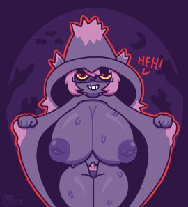 1girls anthro areola areolae breasts cloak exhibitionism female female_only flashing game_freak generation_4_pokemon glasses hanging_breasts huge_breasts inverted_nipples mismagius nintendo nipples octotron2000 pink_hair pokemon pubic_hair purple_body red_eyes shiny_skin smug solo solo_female square_glasses sweat sweating text thick_thighs thong topless wide_hips witch witch_hat